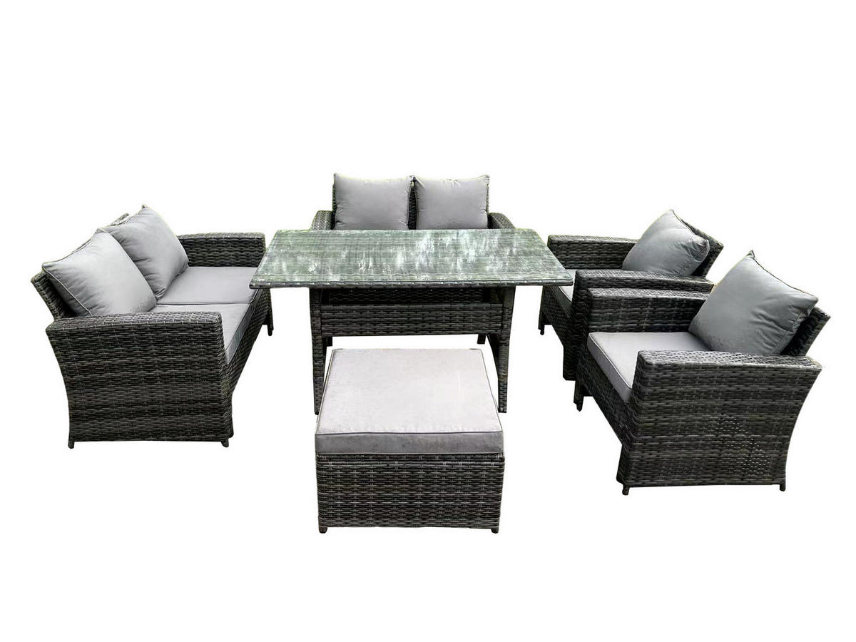 GARTENMÖBELGARNITUR mit Esstisch Polyrattan Dunkelgrau 7-Sitzer - Dunkelgrau/Grau, Glas/Kunststoff - Fimous