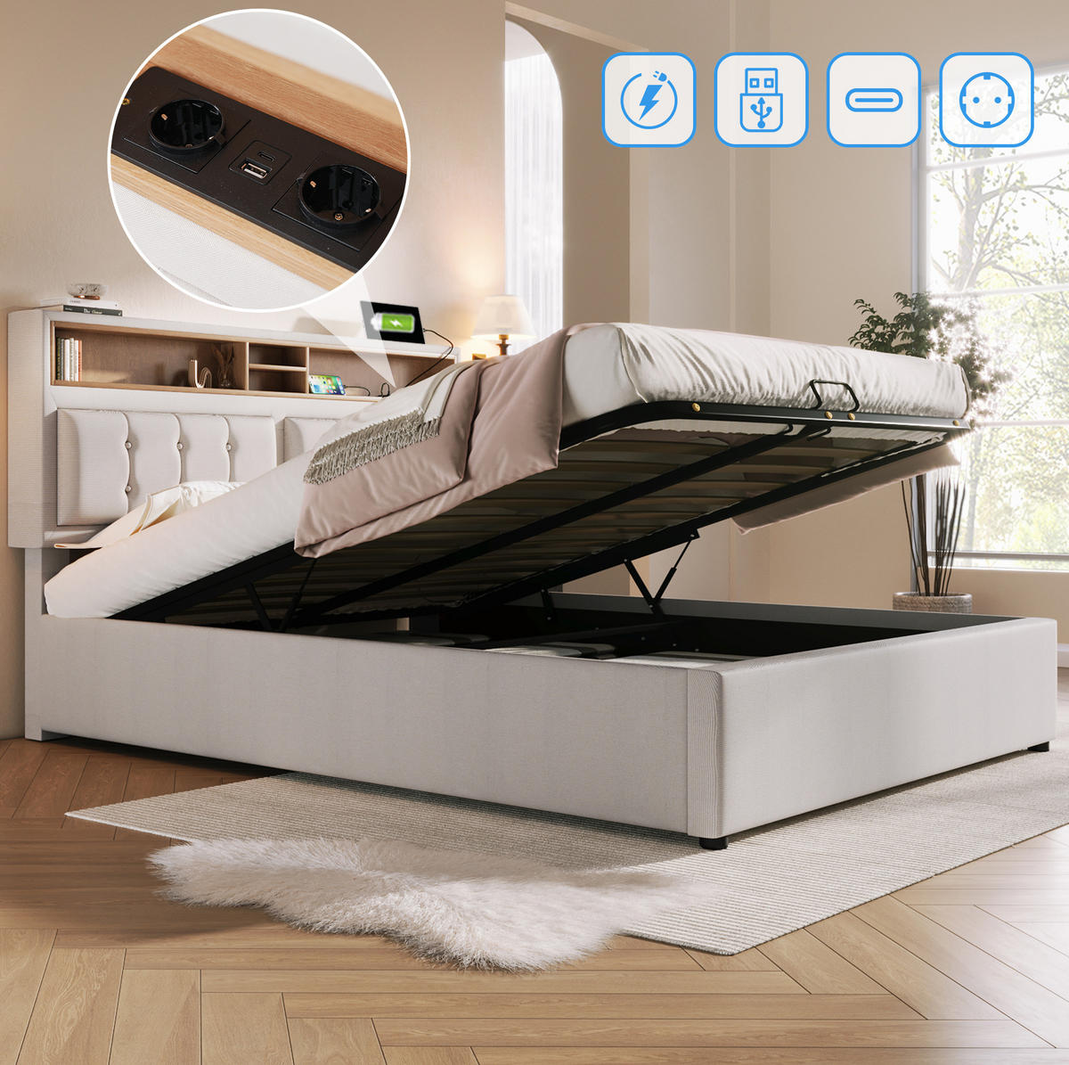POLSTERBETT 160/200 cm Beige mit USB- und Type-C-Anschlüssen aus Leinen Mit Matratze - Beige, Textil (160/200cm) - OKWISH