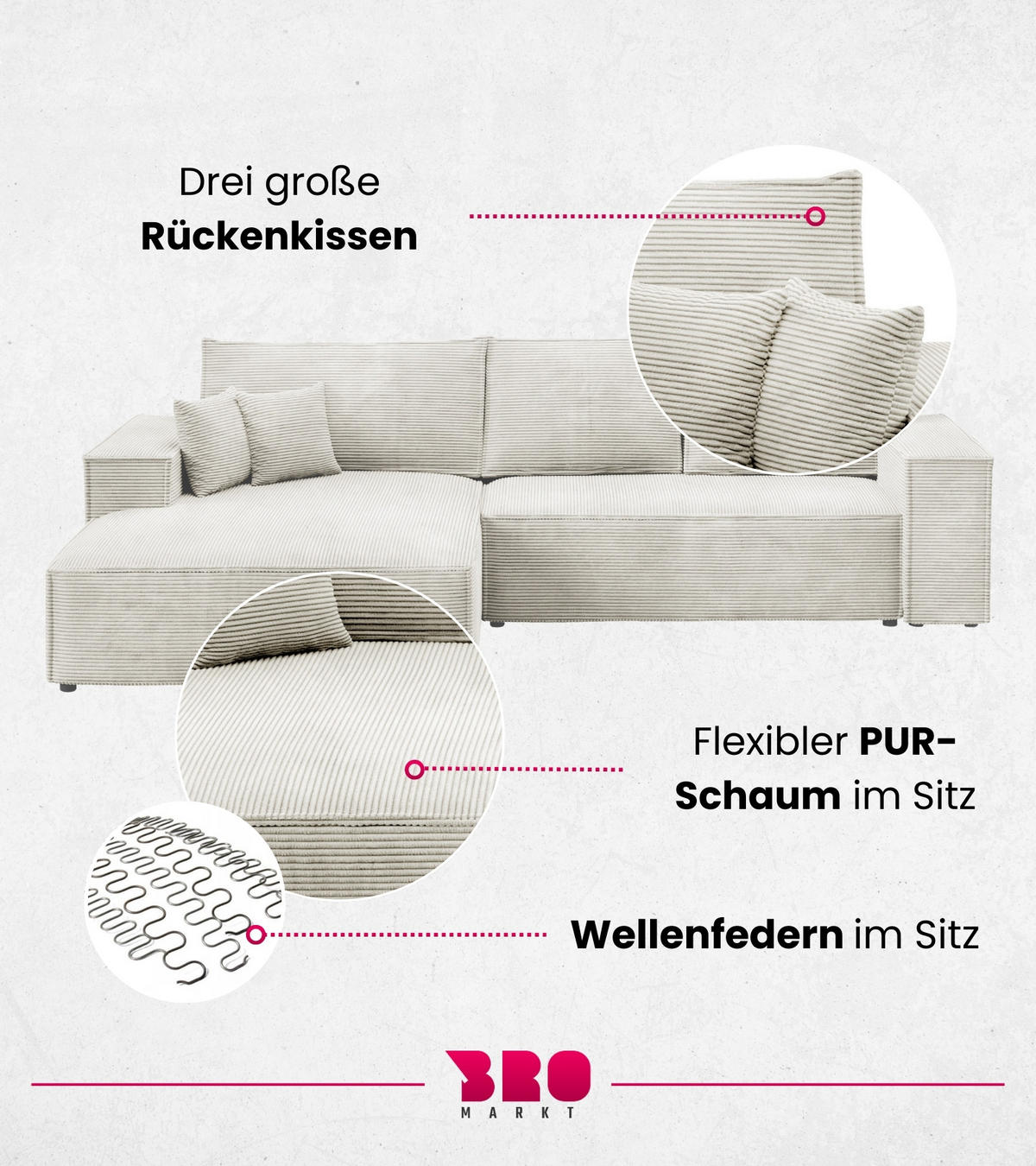 ECKSOFA Pablo mit Schlaffunktion Weiß Cord - Weiß, Textil (294/185cm) - Bromarkt