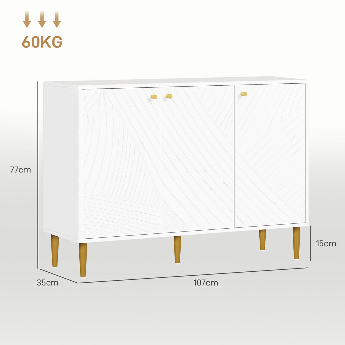 SIDEBOARD DE-11126 3 Türen mit verstellbaren Böden & Goldfüßen Weiß - Weiß, Holzwerkstoff (107/77/35cm) - ComfortXL