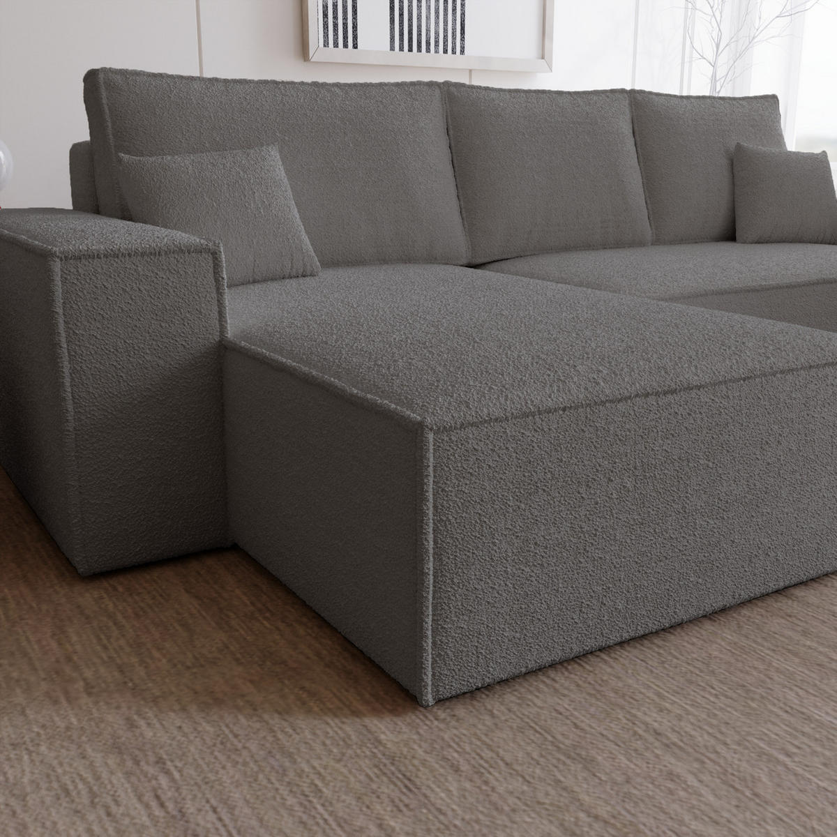 ECKSOFA Bouclé 280 cm Bergamo L mit Bettkasten, Schlaffunktion, Links - Dunkelgrau - Dunkelgrau, Holz (277/189cm) - Emporius