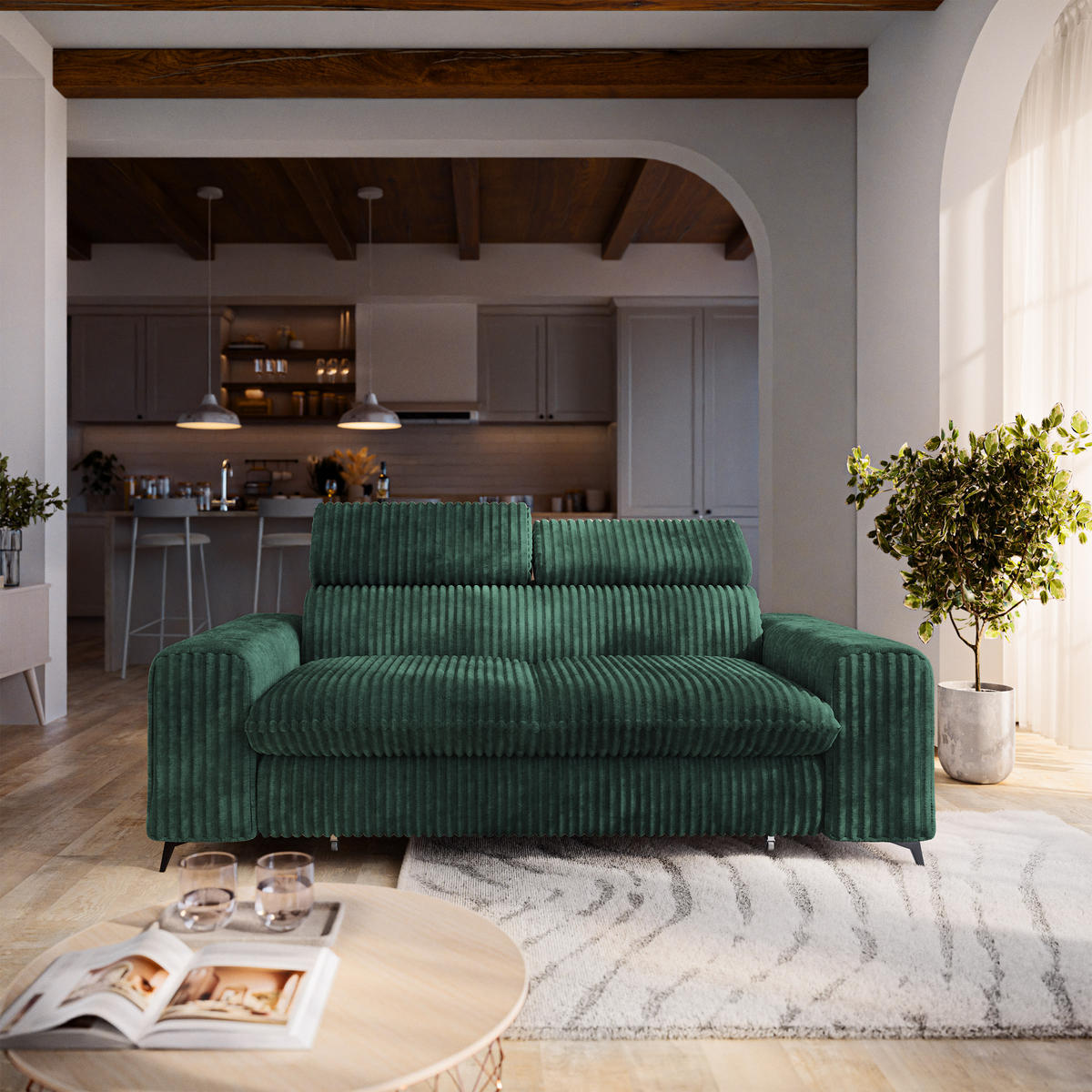 BETTSOFA BENETE Grün Cordstoff mit Schlaffunktion - Grün, Holz/Textil (191/89/92cm) - MASSENO