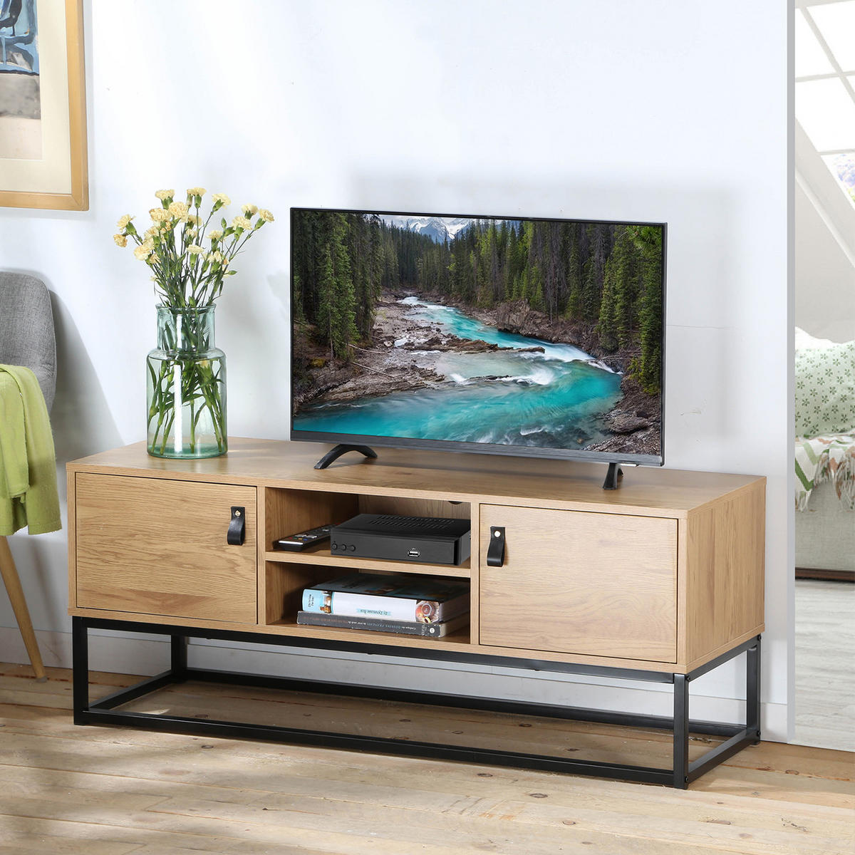 TV-MÖBEL Eiche Dekor 2 Türen und zentrale Ablage - L120 cm - Nussbaumfarben, Holzwerkstoff (122/48/122cm) - Calicosy