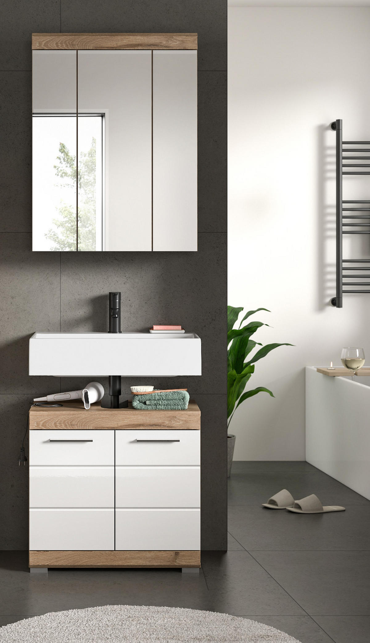 SPIEGELSCHRANK Eiche 60 cm, Badschrank 3-türig - Eichefarben, Glas/Holzwerkstoff (60/79/18cm) - Inn.Furn