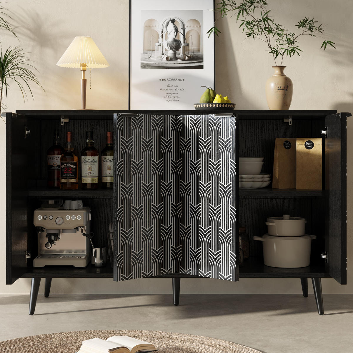 SIDEBOARD 120/35/78 cm mit 2 Türen, Metallbeinen und geometrischer Front - Schwarz, Holzwerkstoff (120/78/35cm) - BEAOK