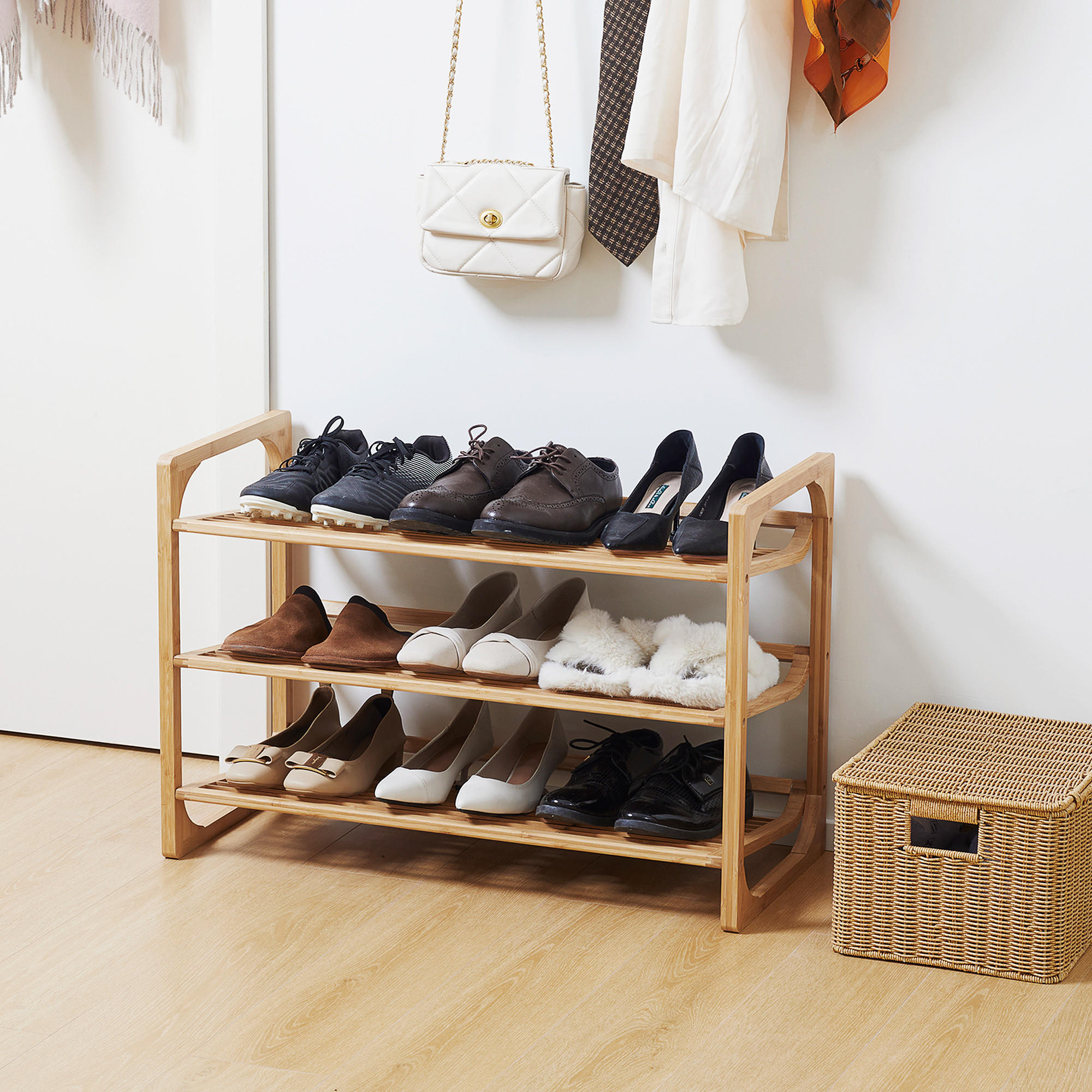 SCHUHREGAL mit 3 Ebenen, Schuhständer, Schuhablage für max. 9 Paar Schuhe - Naturfarben, Metall (33/51/76cm) - HOMCOM