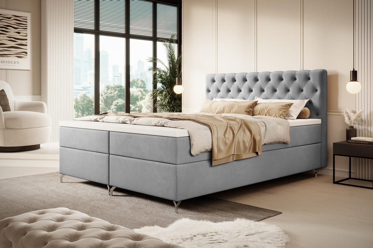 BOXBETT CHESTER 200x200, mit Matratze H3 und Topper, Monolith 84 - Hellgrau, Holz/Textil (200/200cm) - Bedante