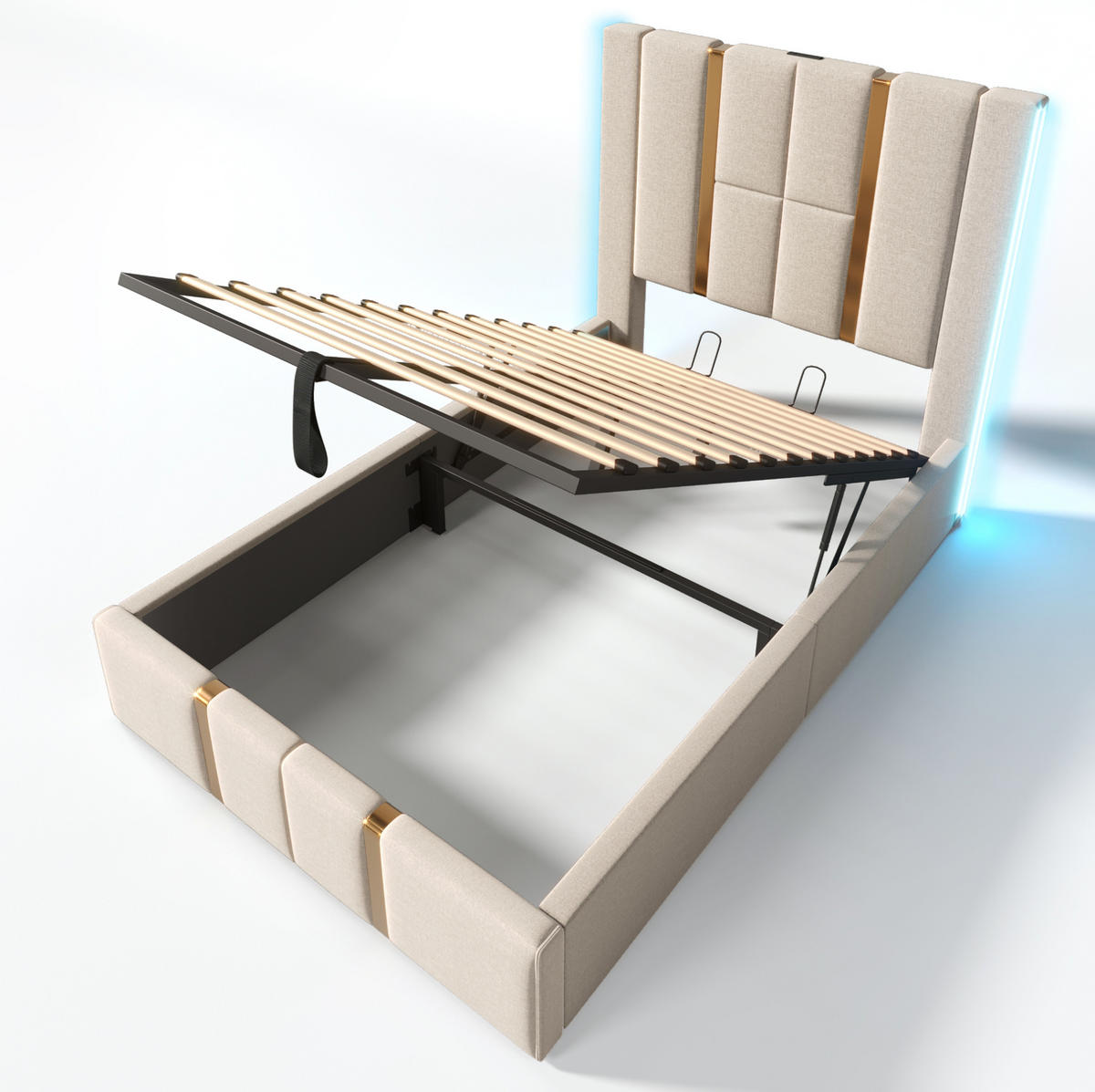 BETT mit Stauraum 90x200 cm Leinen Beige mit LED - Beige, Metall (90/200cm) - Meubliv