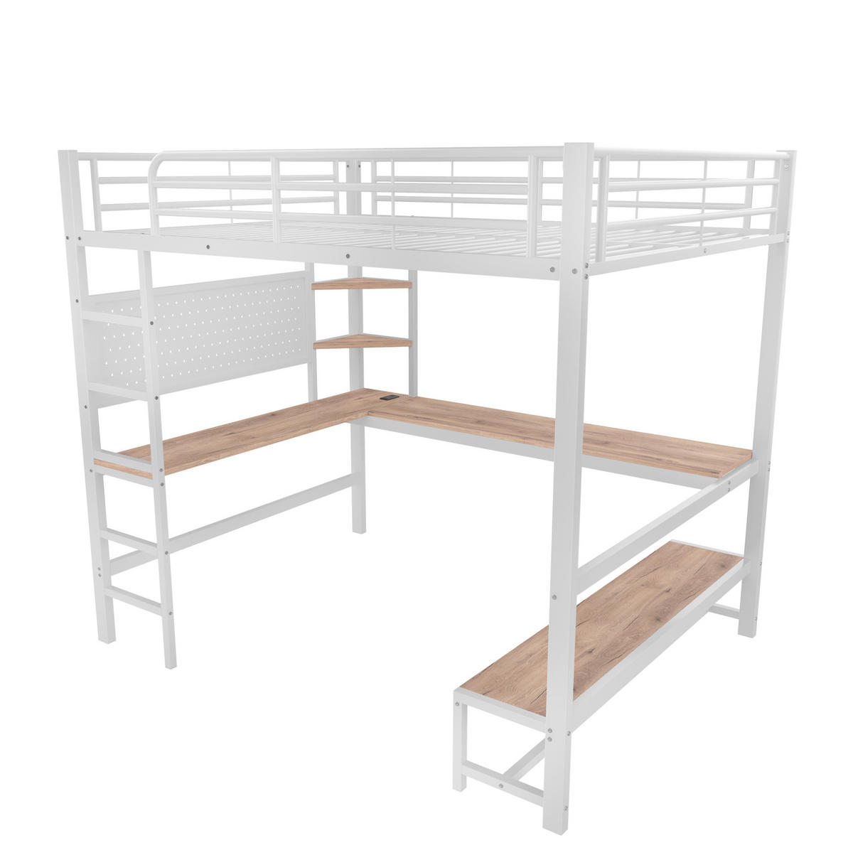 HOCHBETT 140/200 cm mit Schreibtisch, Regalen, Lochwand, LED, USB-C, Metall/MDF, Weiß - Weiß, Metall (140/200cm) - Redom