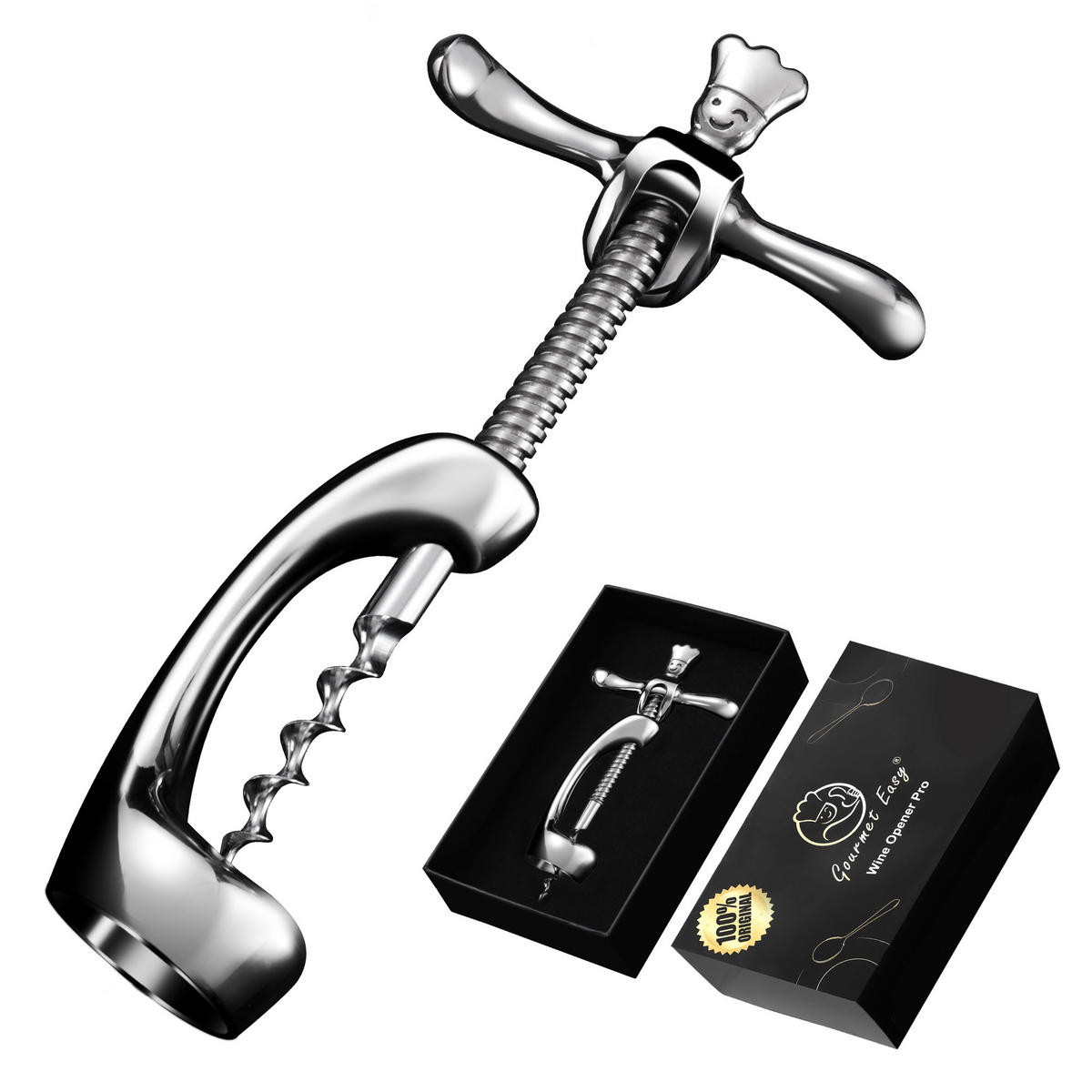 KORKENZIEHER Weinöffner,Manueller Weinöffner, Edelstahl, schweres Design für müheloses Entkorken - Edelstahlfarben, Metall (16/4/9cm) - Gourmet Easy