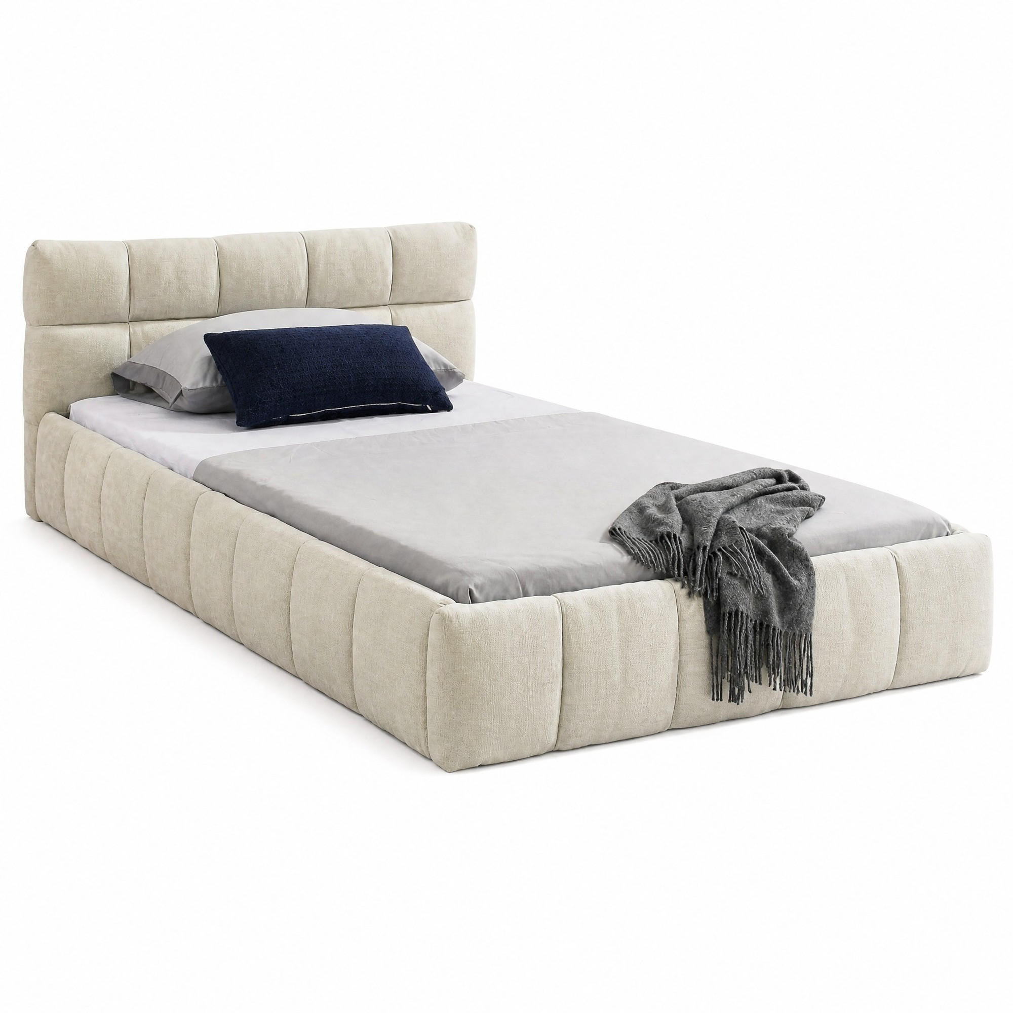 BETT 90x200 cm Chenille Beige mit Eukalyptusholz und Eisenrahmen - Beige, Holz (90/200cm) - Meubliv