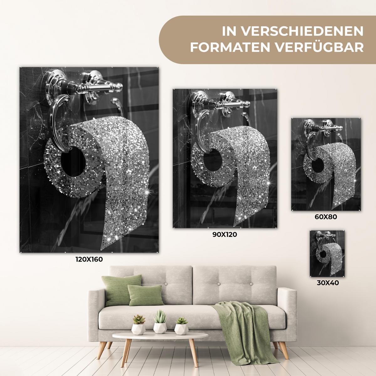 ACRYLGLASBILD WC - Toilettenpapier - Schwarz und weiß - Glitter 60x80 cm - Silberfarben, Glas (60/80cm) - MuchoWow