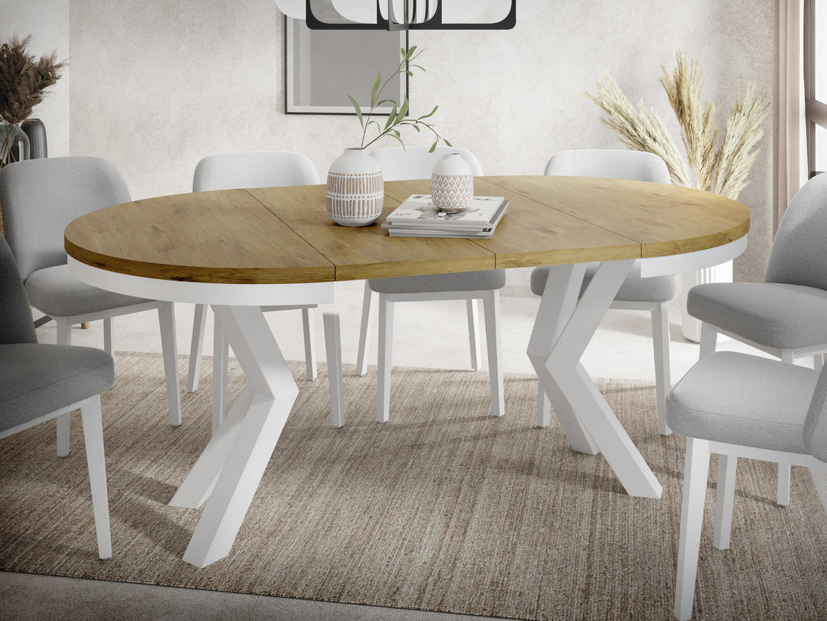 ESSTISCH Clara Weiß runder ausziehbarer, Lancelot Eiche 120-200/120/76 cm - Eichefarben/Weiß, Holzwerkstoff/Metall (120/120/76cm) - WFL GROUP