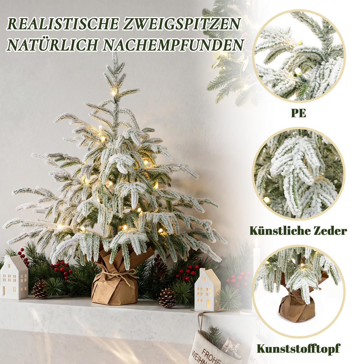 KÜNSTLICHER Weihnachtsbaum mit Beleuchtung, Kleiner Christbaum - Grün, Kunststoff/Metall (60cm) - Hometopia