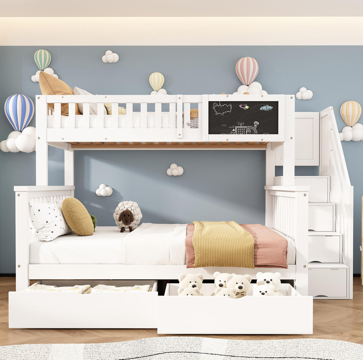 PATROVÁ postel 90/200+140/200 cm bílá z masivního dřeva s tabulí a úložným prostorem - bílá, dřevo (90/200cm) - OKWISH