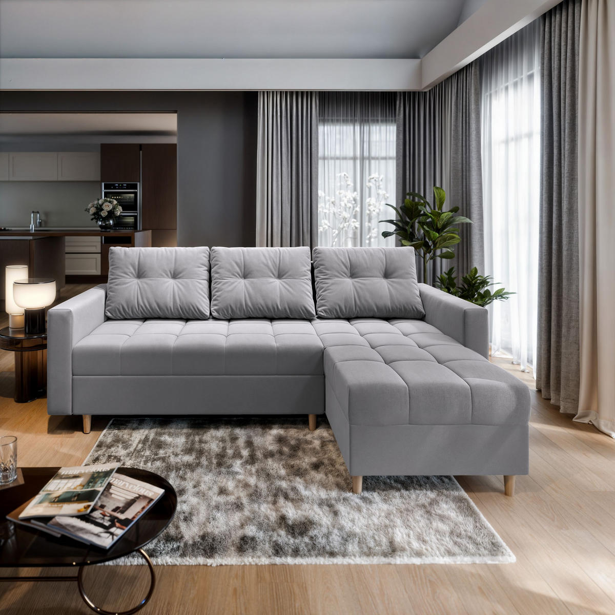 ECKSOFA MILO L Hellgrau Plüsch-Stoff mit Schlaffunktion - Hellgrau, Holz (220/140cm) - MASSENO