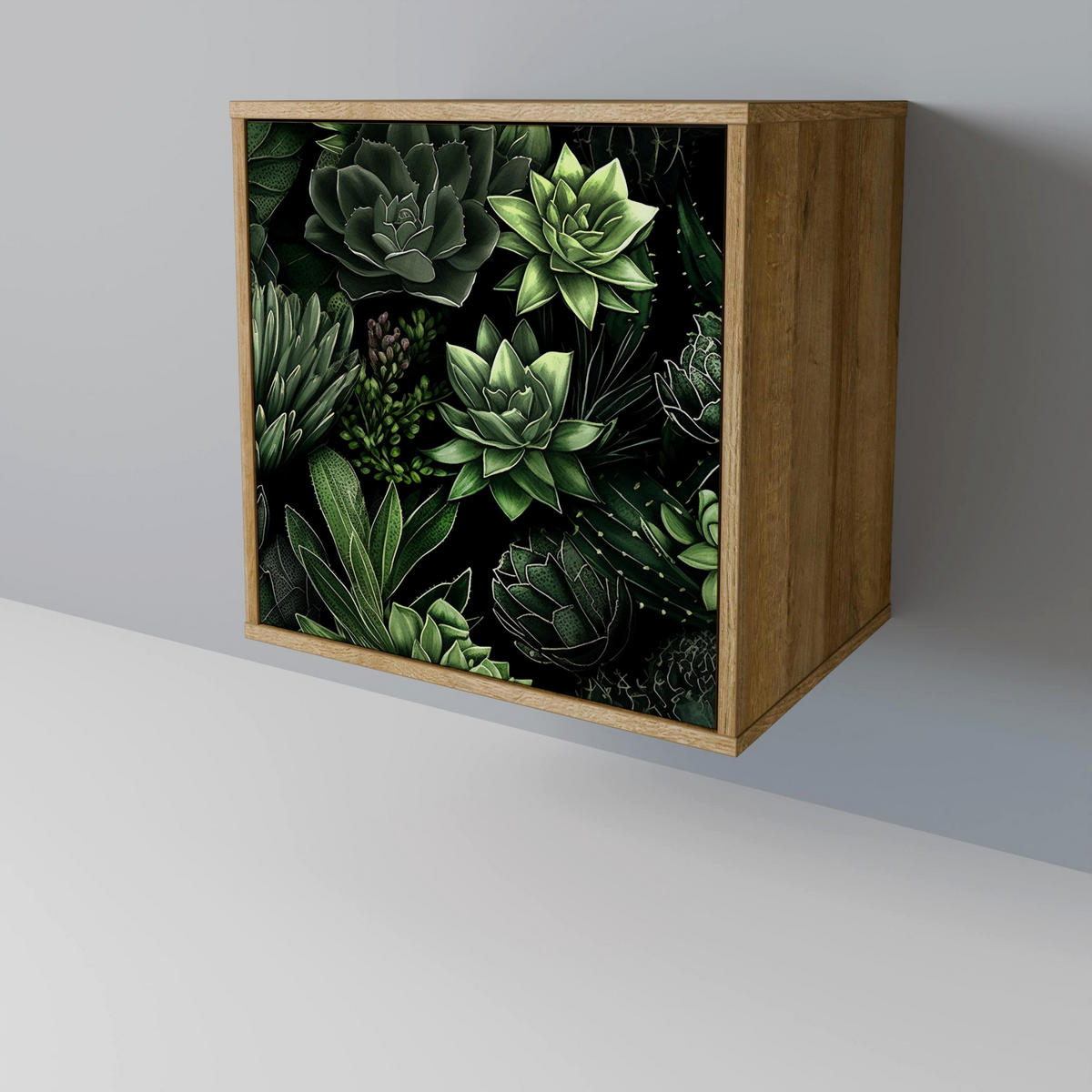SIDEBOARD SUCCULENT JUNGLE, Eichefarben, 57,5x42x70,5 cm, Schwarze Metall-Sternfüße - Eichefarben/Multicolor, Holzwerkstoff/Metall (57.5/70.5/42cm) - SpaceRebels