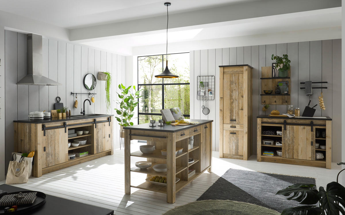 KÜCHEN-SET Used Wood hell, anthrazit, Küchenschrank Set 5-teilig mit Kochinsel - Anthrazit/Schwarz, Glas/Holzwerkstoff (201/201/64cm) - Furn.Design