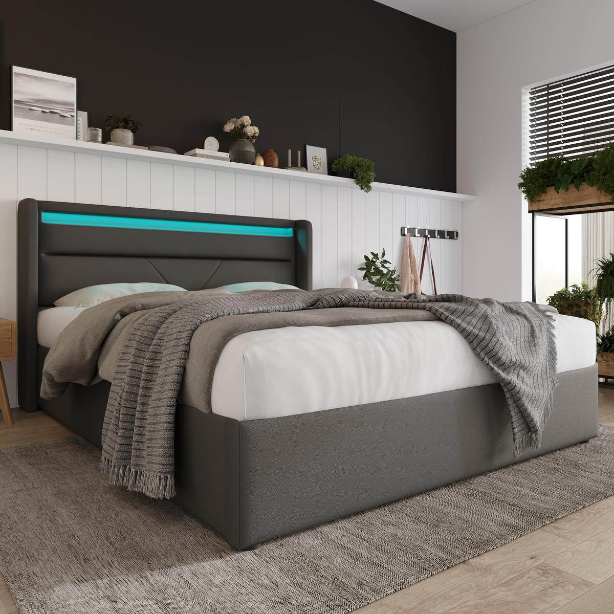 POLSTERBETT 160/200 cm mit hydraulischem Bettkasten & LED-Kopfteil, PU-Bezug, Grau - Grau, Kunststoff (160/200cm) - Redom