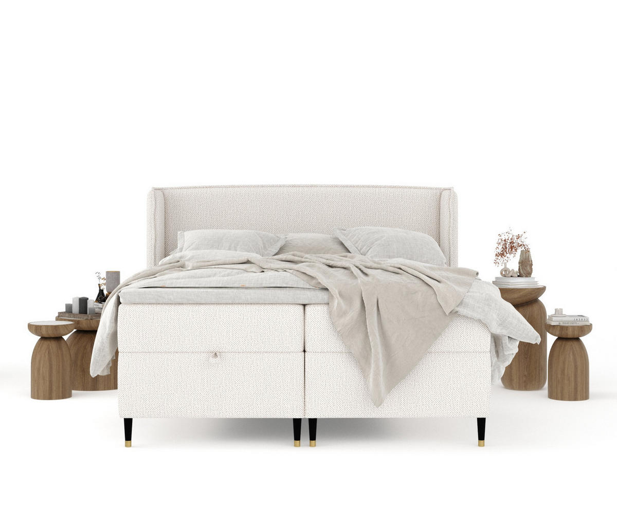 BOXBETT Monpelli Creme 180/200 cm mit Matratze und Topper - Creme/Schwarz, Holz/Holzwerkstoff (180/200cm) - Maison de Reve