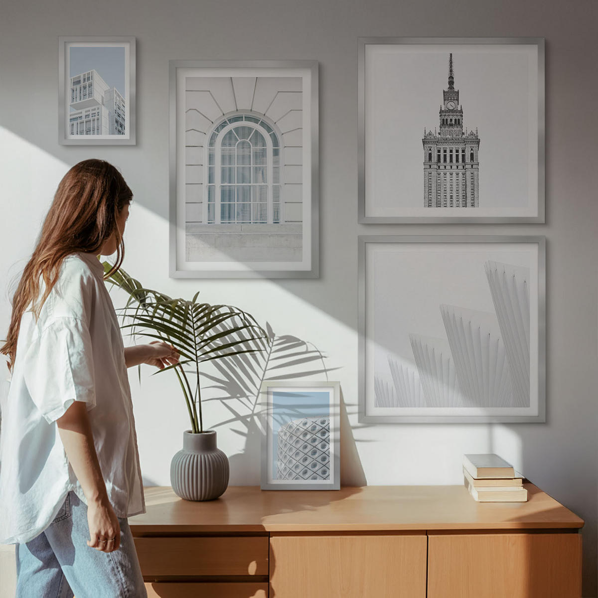 BILDER SET 5er Set - 50x50 cm & 20x30 cm & 40x60 cm Silberner Rahmen - Moderne Architekturgeometrie - Silberfarben, Kunststoff (40/60cm) - TULUP