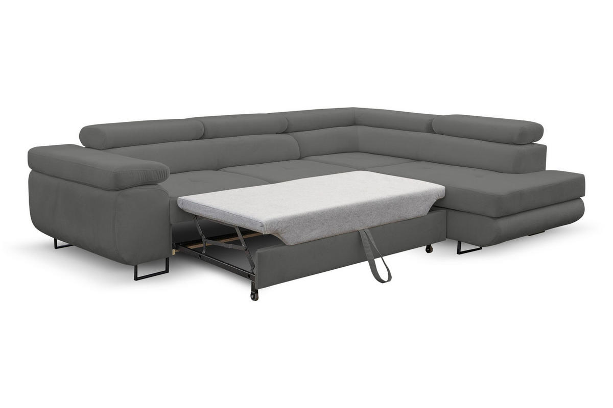 ECKSOFA Jerry in L-Form mit Schlaffunktion und Bettkasten, Farbe: Grau, Veloursstoff, Ottomane Rechts - Grau, Textil (275/202cm) - VENASI MÖBEL