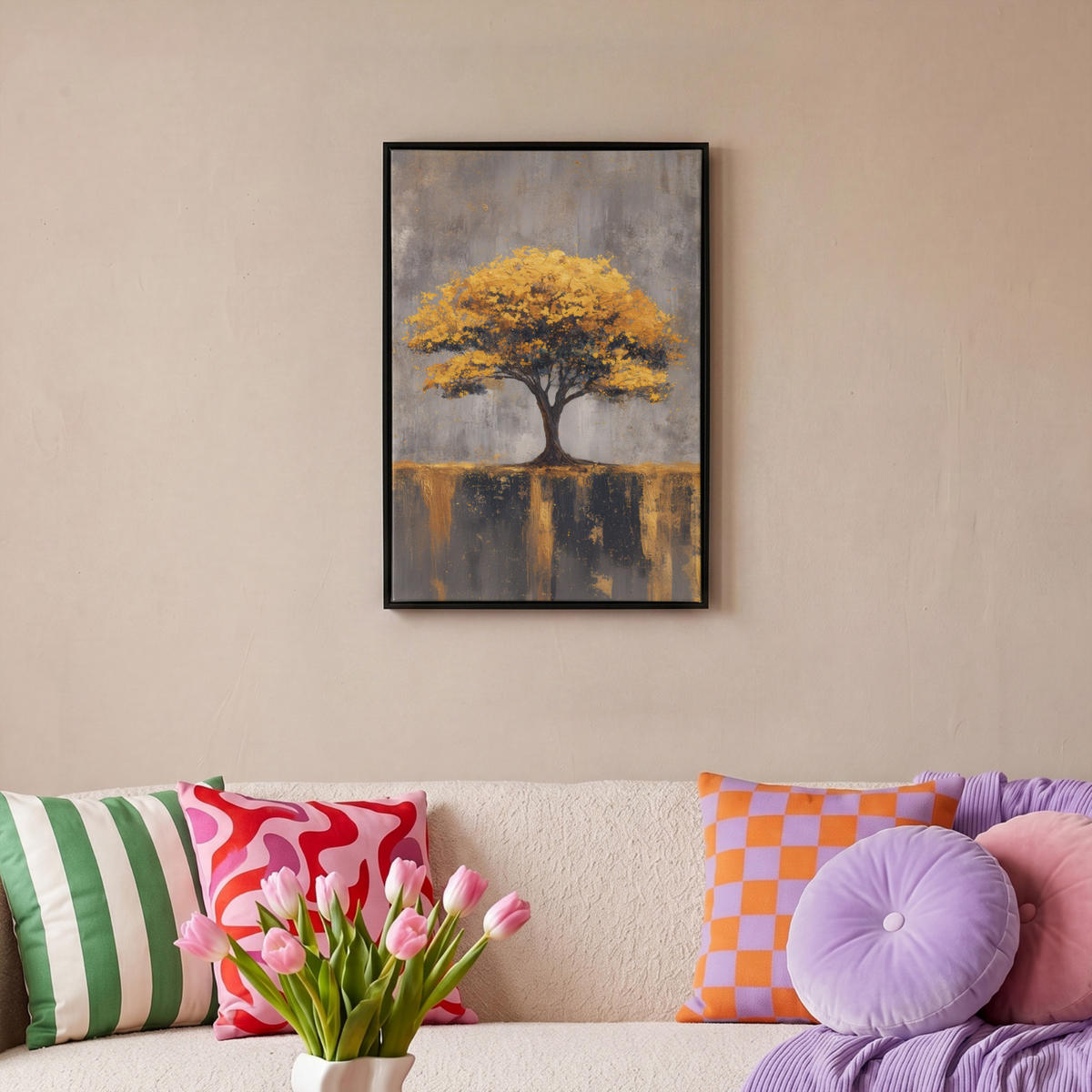 LEINWAND Bilder mit Rahmen - Baum - Blätter - Gold - Abstrakt - 40x60 - Grau, Textil (40/60cm) - MuchoWow