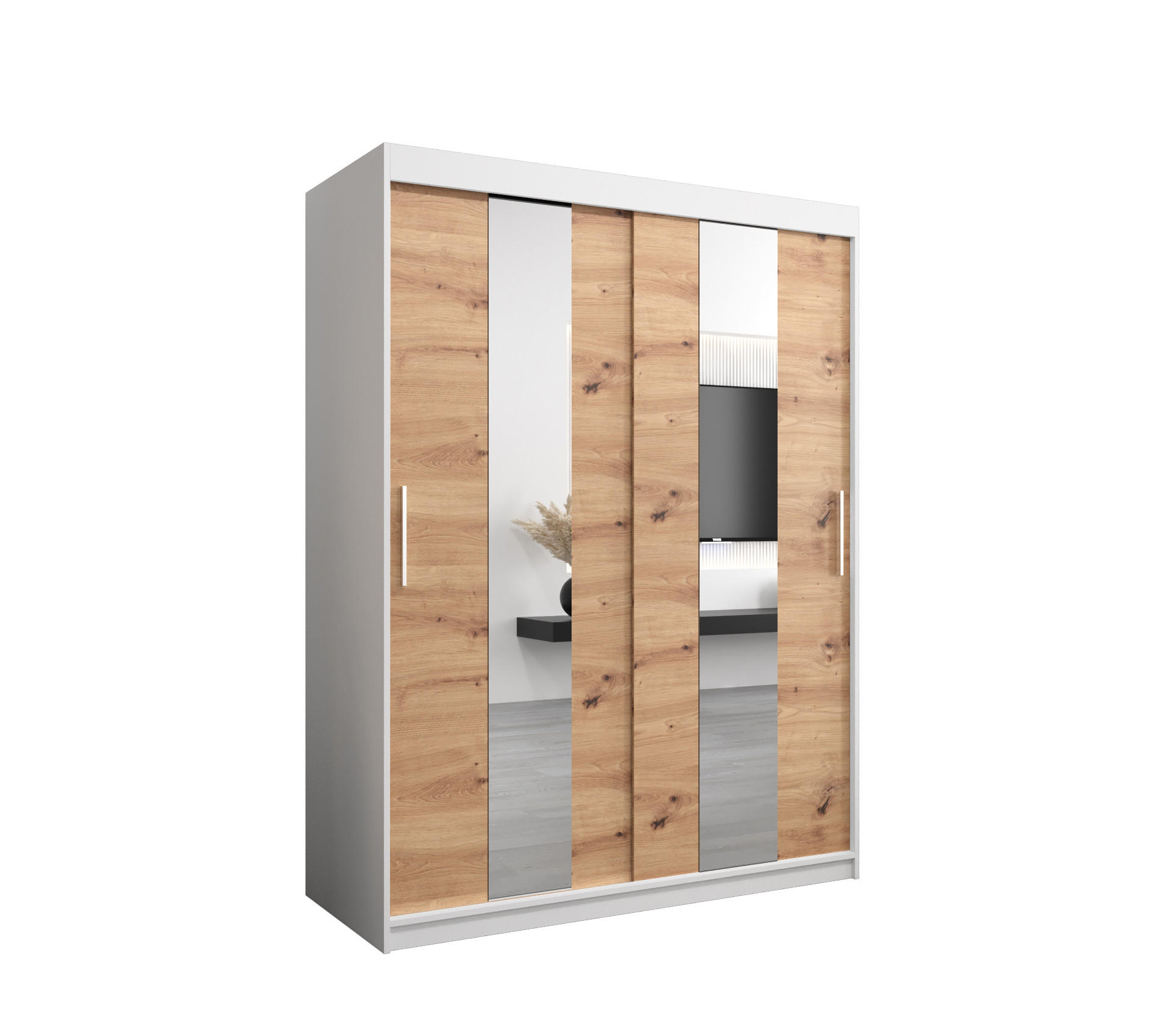 Abiks Möbel Schwebetürenschrank Weiß, Eiche Artisan 150x200x62 cm