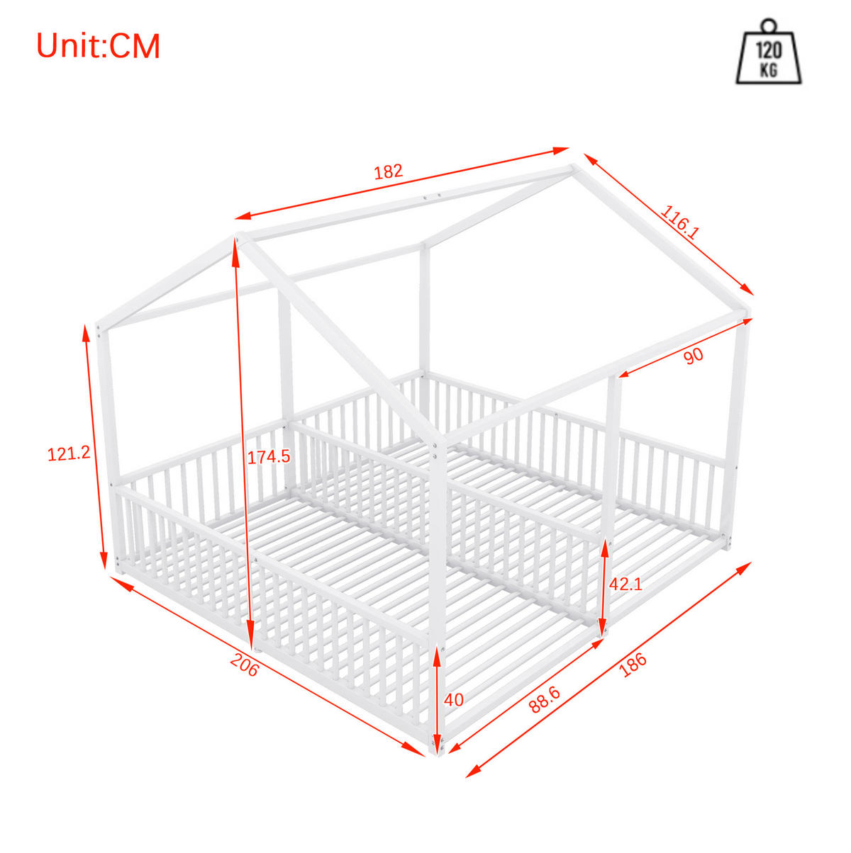 HAUSBETT 90/200 cm Weiß aus Metall in Hausform mit Leiter und Geländer - Weiß, Metall (90/200cm) - OKMYHOME