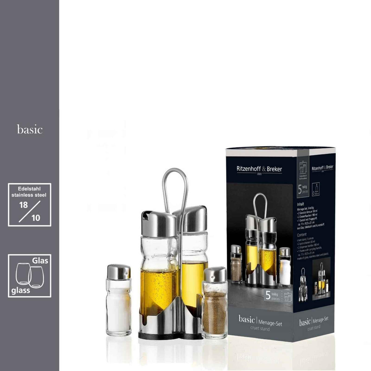 MENAGESET Basic transparent-silber 5-tlg. - Transparent/Silberfarben, Glas/Metall (10.5/22/11cm) - Ritzenhoff Breker
