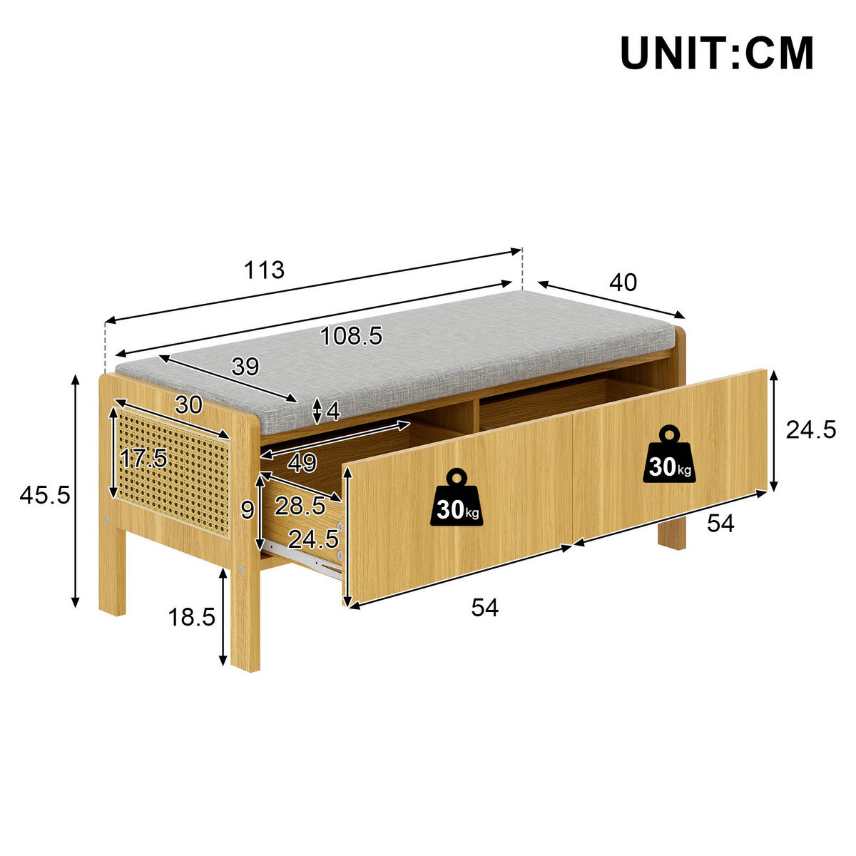SCHUHBANK in Naturfarben und Grau Sitzschrank mit Rattan-Geflecht und Schubladen für Flur, B113/T45.5/H40 cm - Naturfarben/Grau, Glas/Holzwerkstoff (113/45.5/40cm) - STILVORA