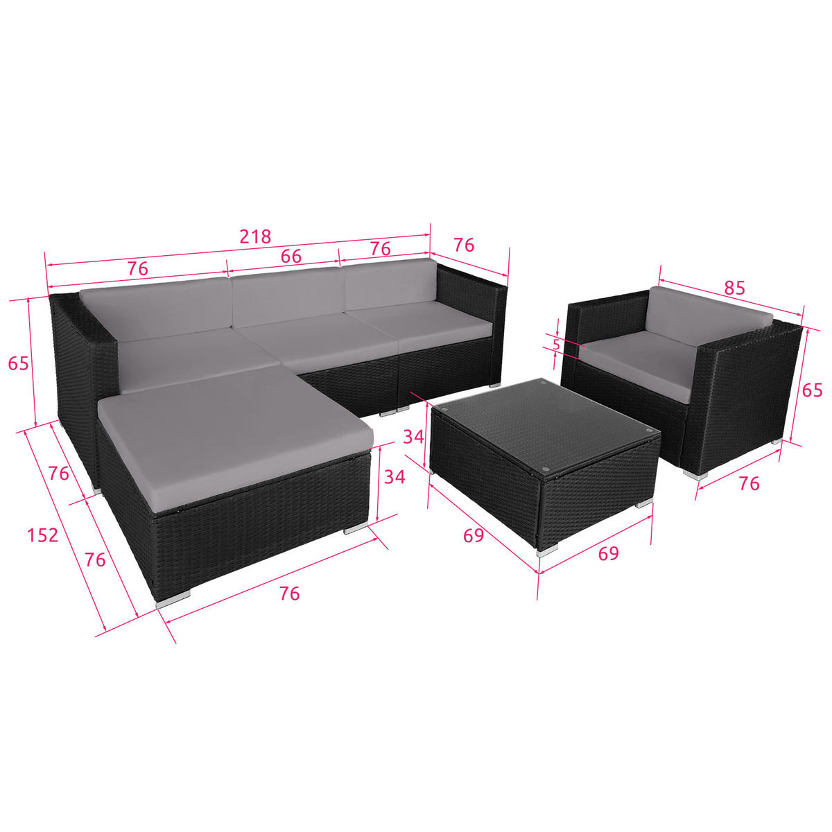 RATTANLOUNGE Milano,mit Sicherheitsglasplatte,schwarz/grau - Schwarz/Grau, Kunststoff - tectake