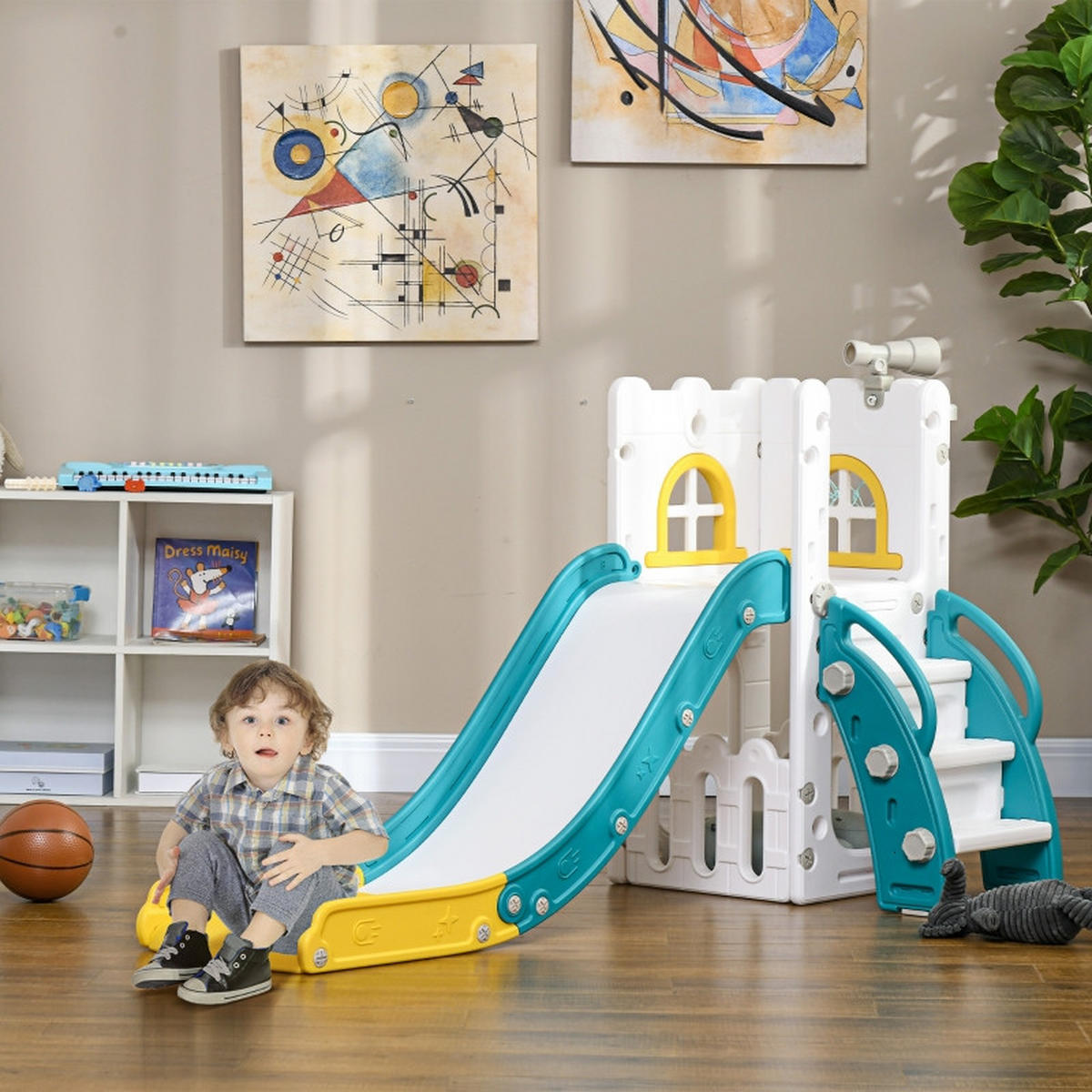 KINDERRUTSCHE 4-in-1 mit Klettergerüst und Basketballkorb Gelb 70 x 177 x 92 cm - Gelb, Kunststoff (177/92/70cm) - Korfee