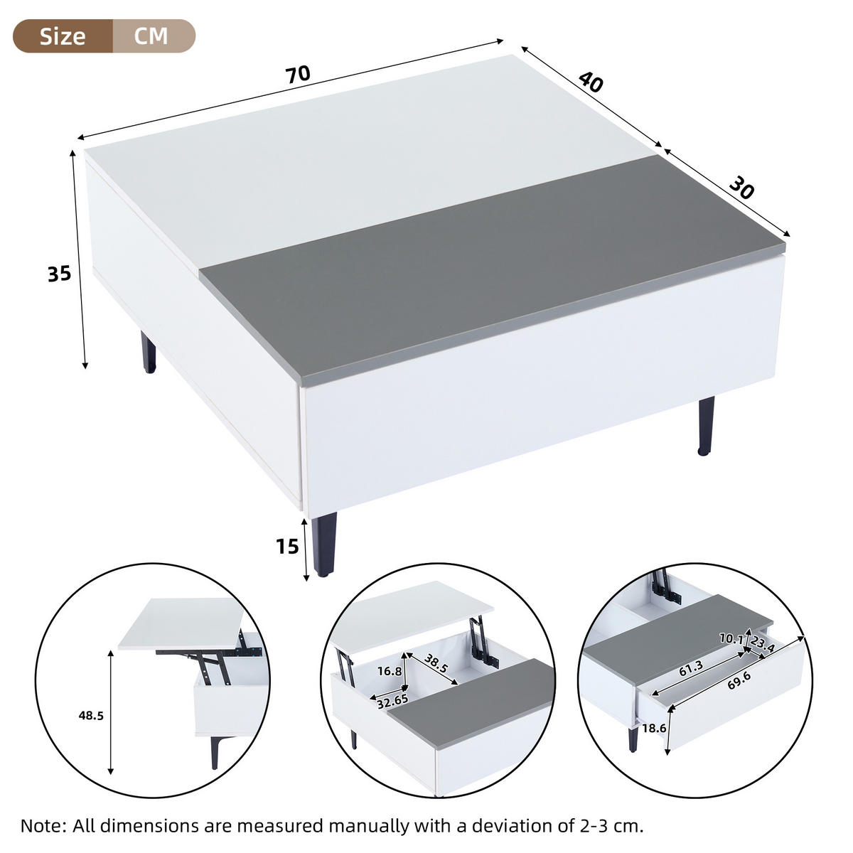 COUCHTISCH in Weiß höhenverstellbarer Kaffeetisch mit Stauraum und LED für Wohnzimmer, B70/T70/H35cm - Schwarz/Weiß, Holzwerkstoff (70/70/35cm) - STILVORA