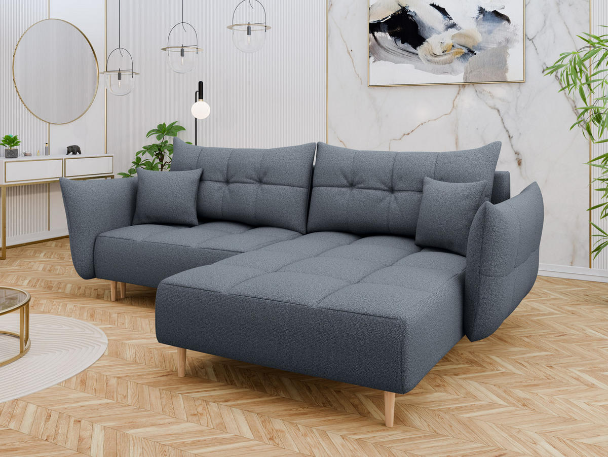ECKSOFA RAIN: Universell klappbar mit Stauraum aus grauem LOFT-Stoff - Grau, Holz (267/172cm) - Panda Möbel