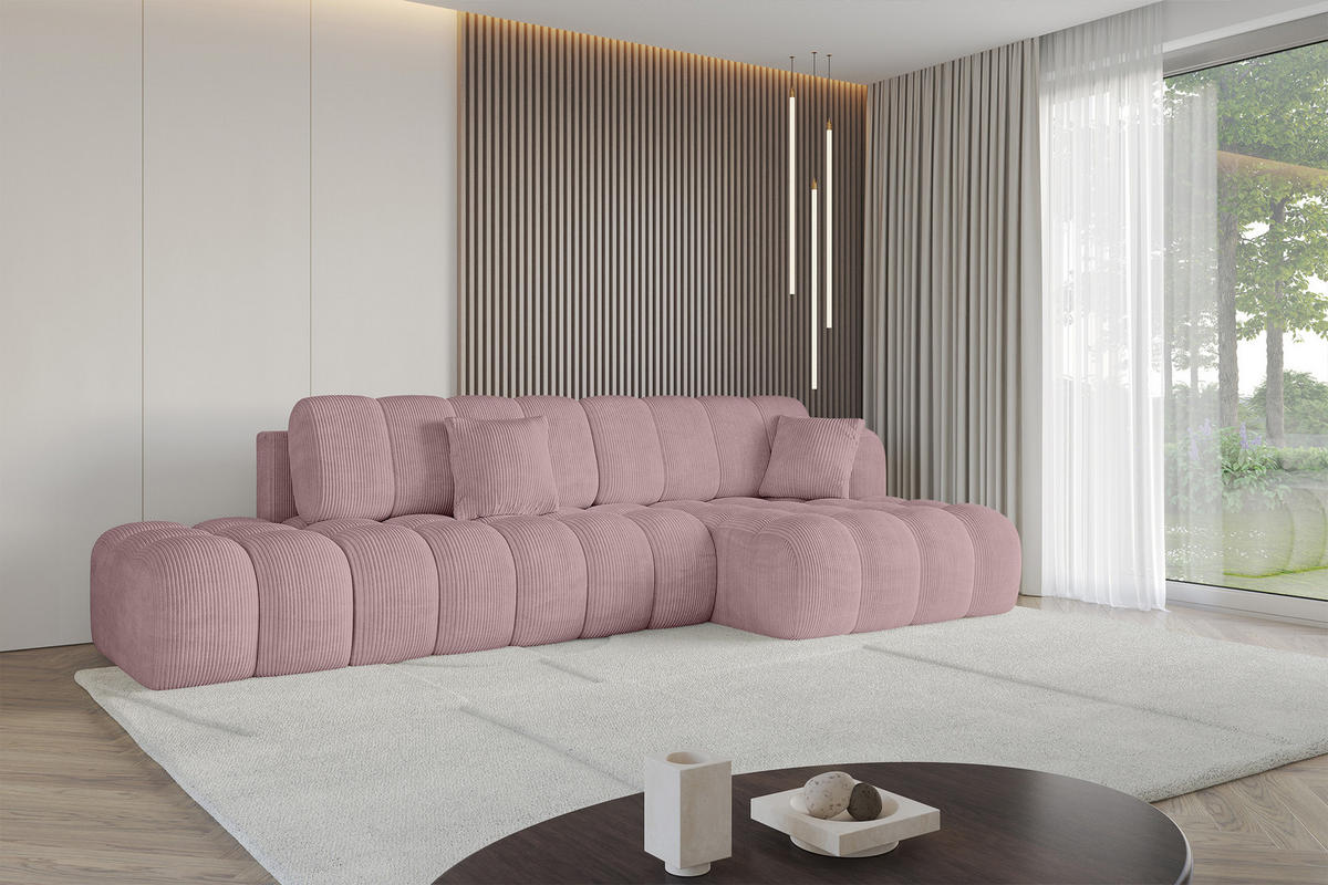 ECKSOFA mit Schlaffunktion Ottomane RECHTS OLEA-L2 321x164x75 Rosa Cord - Schwarz/Rosa, Holzwerkstoff/Kunststoff (164/321cm) - ALTDECOR