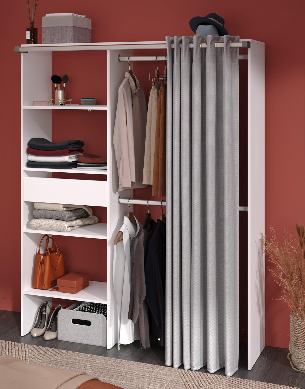 KLEIDERSCHRANK Bari 1 in Weiß 143 × 182 × 48 cm (B×H×T) von Parisot mit grauem Vorhang - Weiß, Holzwerkstoff (143/182/48cm)