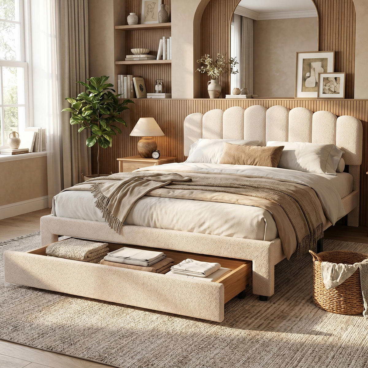 POLSTERBETT Muschel-Design 160/200 cm mit Schubkasten & USB Teddy-Fleece Beige - Beige, Textil (160/200cm) - Creahappy