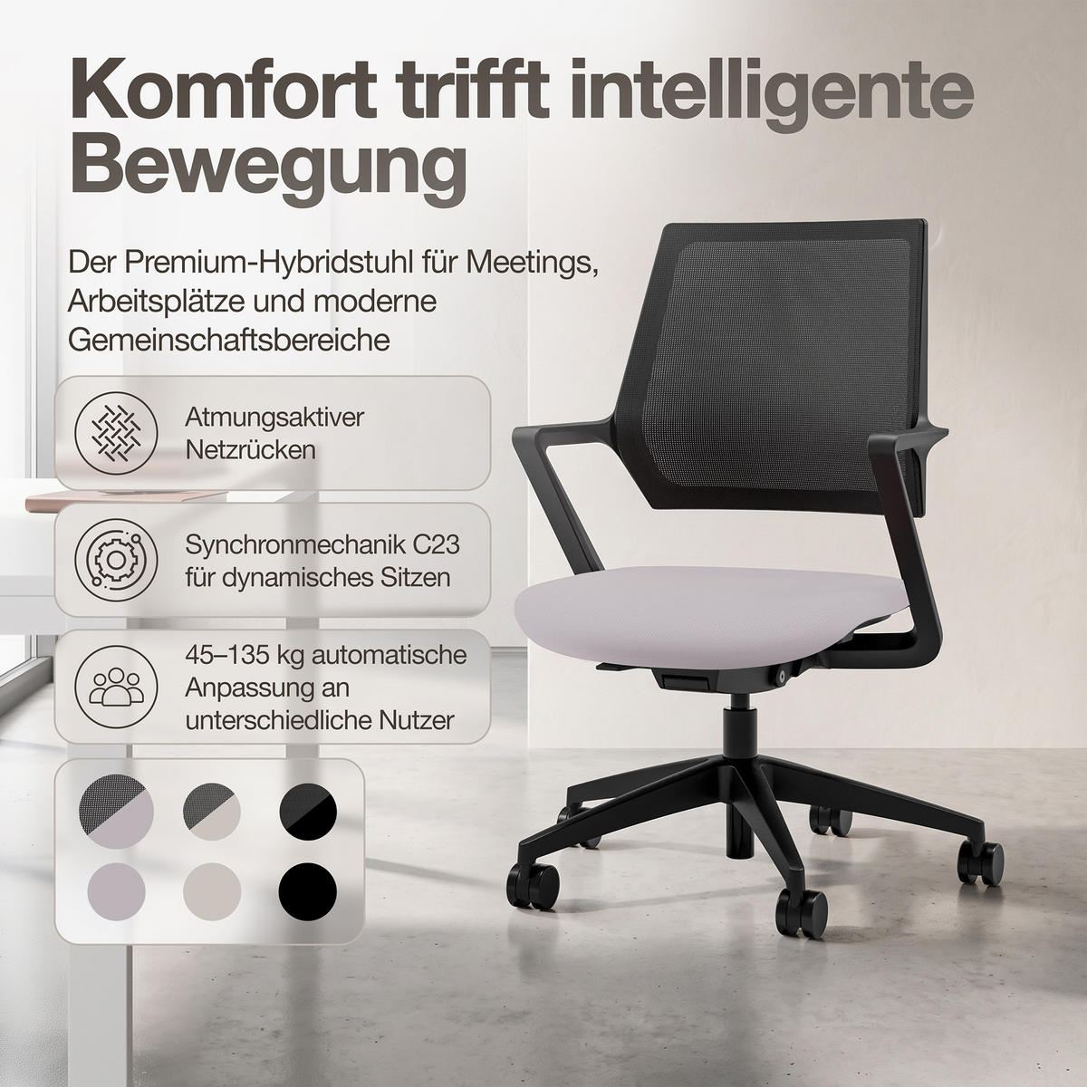 DREHSTUHL Ergonomischer Bürostuhl Asolo mit Netzrücken / Hellgrau Netzrücken für Luftzirkulation - Hellgrau, Textil (59.5/97.5/45cm) - ASSMANN