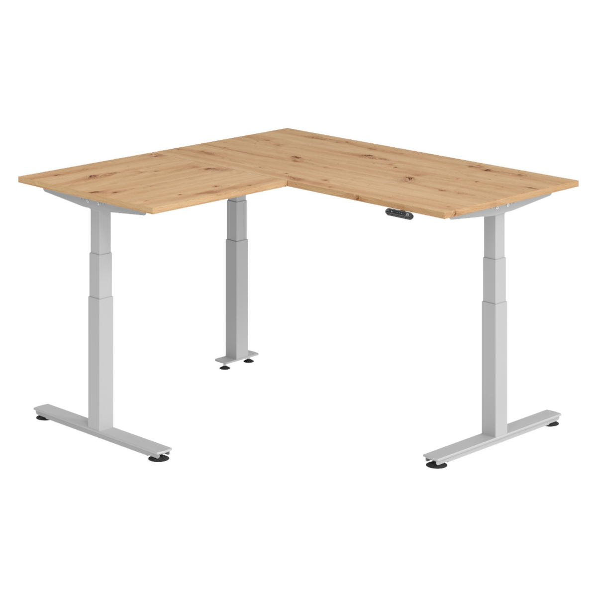 ECKSCHREIBTISCH elektrisch höhenverstellbar L-Form 160/160/74 cm in Wildeiche/Silberfarben - Wildeiche/Silberfarben, Holzwerkstoff (160/160/74cm) - bümö