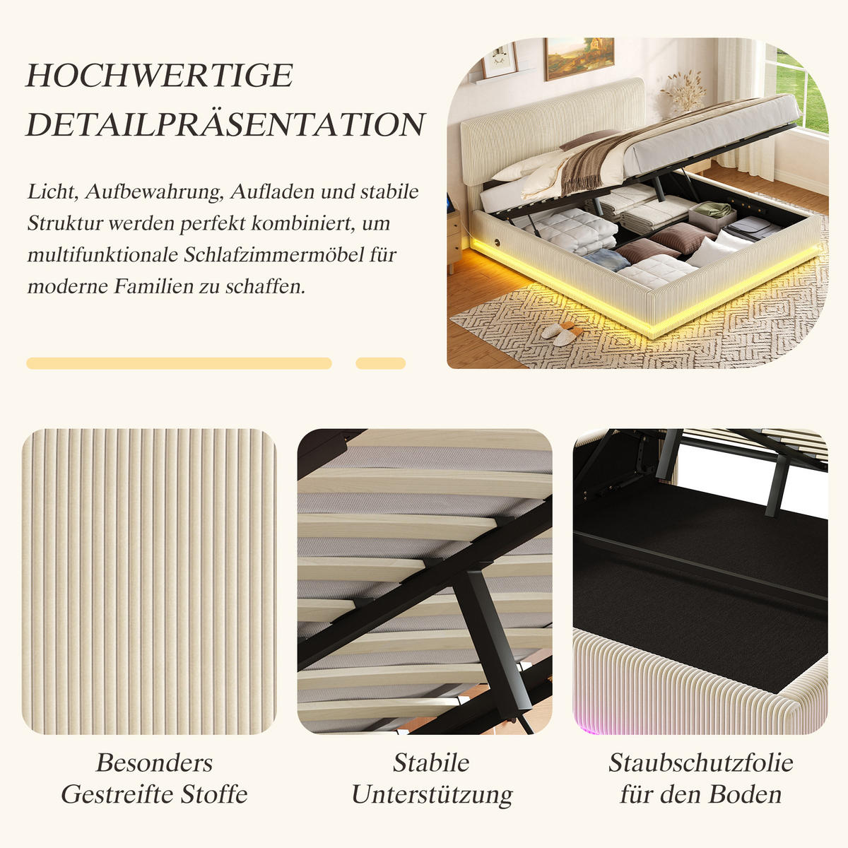 POLSTERBETT 140x200 cm LED USB Stauraum beige - Beige, Textil (140/200cm) - LEBENLANG