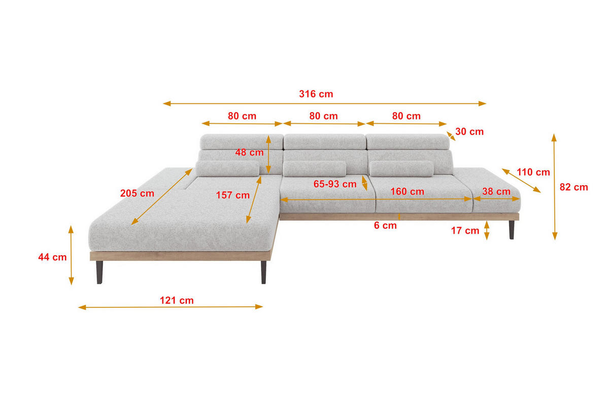 ELEKTRISCHES ECKSOFA Links MONA 316x205x85 Grau Velours - Grau, Holzwerkstoff/Textil (316/205cm) - ALTDECOR
