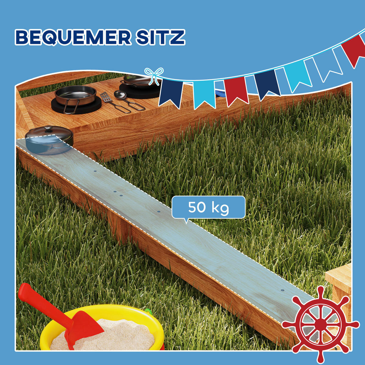 SANDKASTEN groß mit Abdeckung im Schiff Design Matschekiste aus Holz - Orange, Holz (180/103/144.5cm) - Outsunny