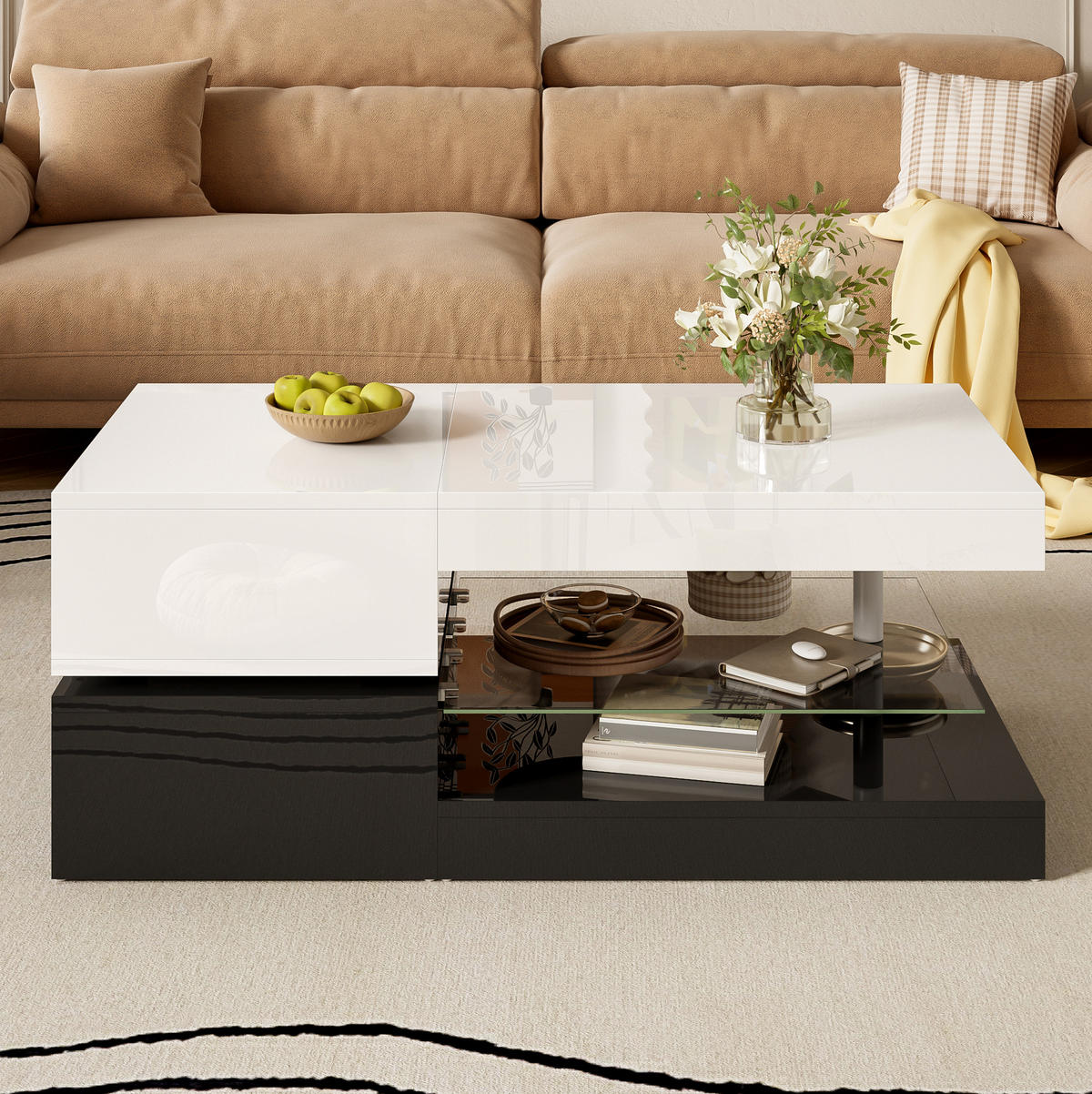 COUCHTISCH 90/45/35,5 cm mit LED-Beleuchtung, Glasablage & Hochglanz in Schwarz/Weiß - Weiß, Holzwerkstoff (90/45/35.5cm) - Flora Grace