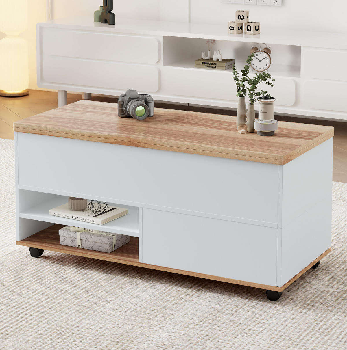 COUCHTISCH 100/98/65 cm höhenverstellbar mit hydraulischer Hubplatte, Stauraum und Rollen aus Spanplatte, Weiß/Naturholzfarbe - Weiß, Holzwerkstoff (100/98/65cm) - Modfu