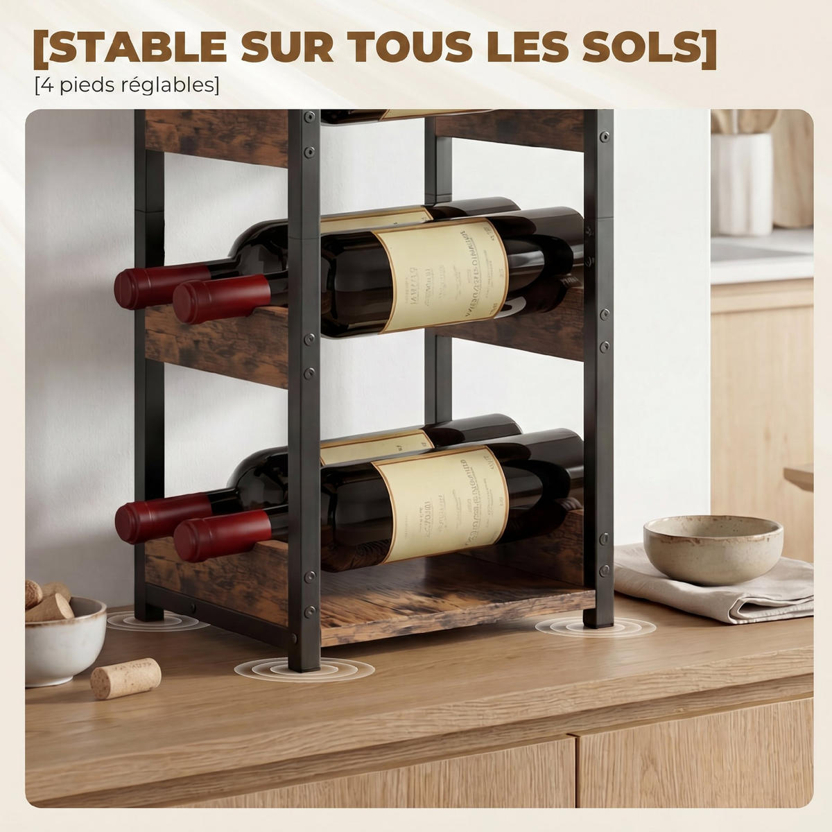 WEINREGAL, 6 Flaschen, gewellte Ablagen, rustikal braun, 22x24x49,2cm - Multicolor, Metall (24/49.2/22cm) - FORIOUS