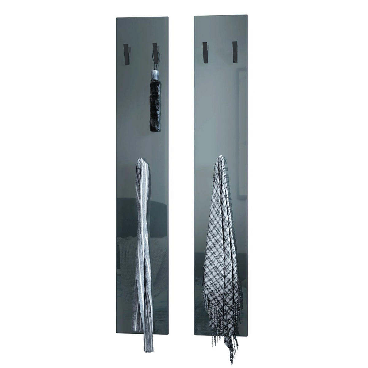 GARDEROBENPANEEL Roma M140, Moderne Wandgarderobe mit 6 Kleiderhaken, Made in Germany, Wandpaneel für Flur, Grau Hochglanz(24 x 140 x 2 cm) - Grau, Holzwerkstoff (24/140/2cm) - InnoFurn