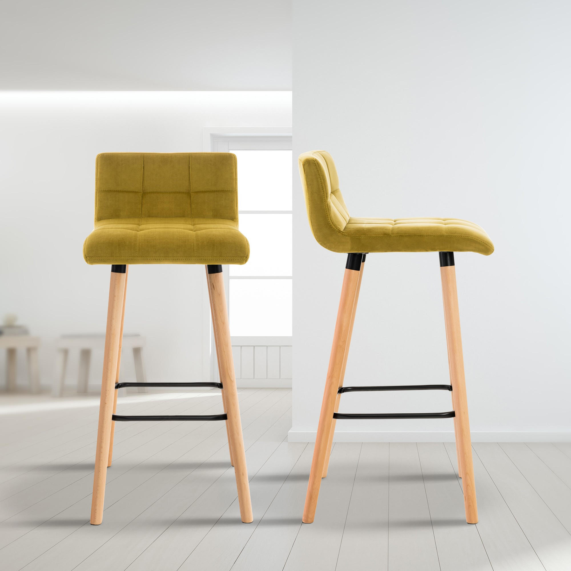 BARHOCKER 2er Set Samt gelb - Eukalyptusholzfarben/Gelb, Holz/Textil (42/94/49cm) - CLP