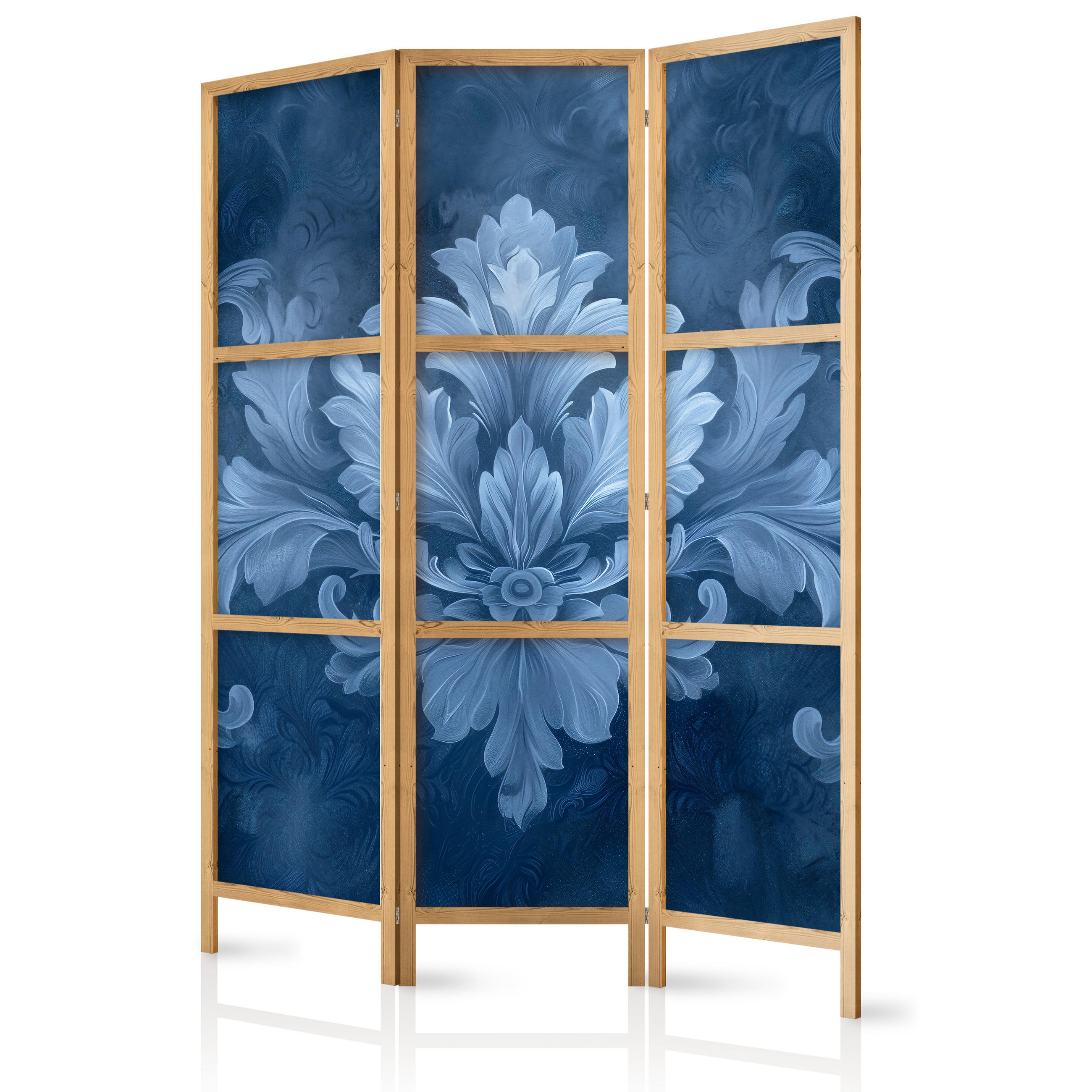 PARAVENT Japanischer 3-tlg 135x172 cm Blaue Ornamente - Blau, Holz/Textil (135/172/3cm) - Muralo
