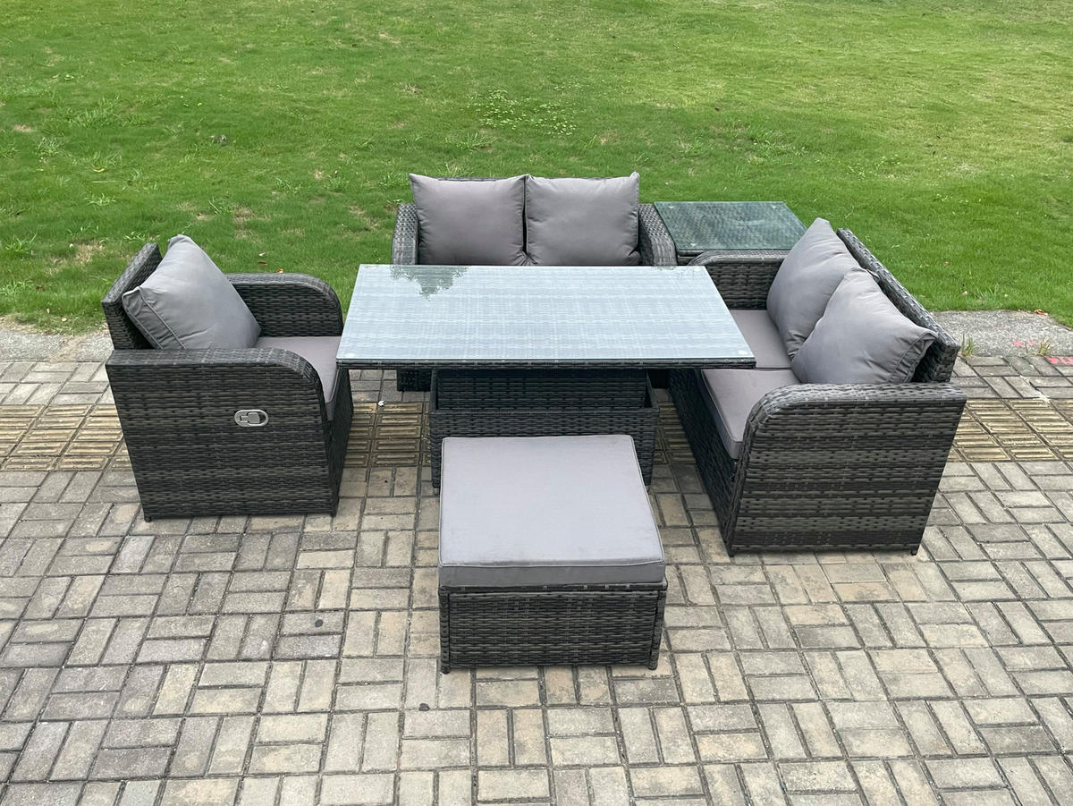 GARTENSOFA SET Polyrattan Dunkelgrau 7-Sitzer - Dunkelgrau, Metall - Fimous